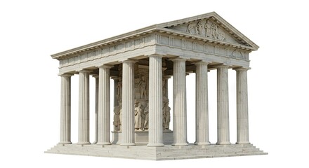 Obraz premium Marble temple structure with columns and a sculpted pediment on steps set against a white background