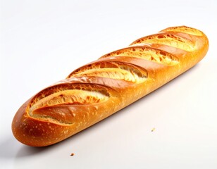 Golden-brown baguette with scored crust sits diagonally on a white surface, showcasing fresh baked texture in a high-key studio lighting