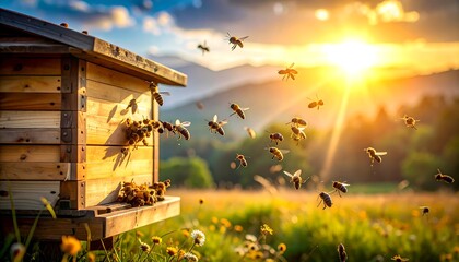 Bees flying around a beehive at sunset