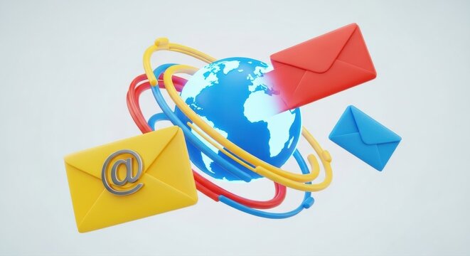 A global network of emails with colorful envelopes orbiting around a blue planet illustration