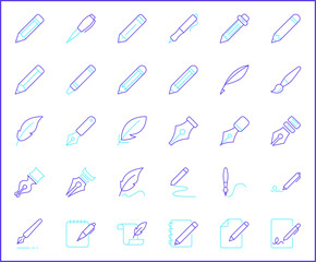 	
Simple Set of pen Related Vector Line Icons. Vector collection of pencil and quill pen, marker pen, stationery, writing, literature, pen nib symbols or logo elements in thin outline.