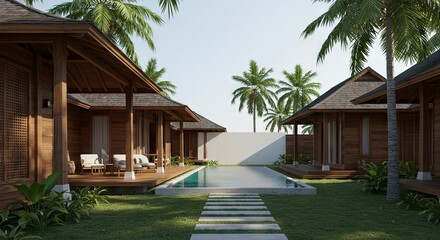 Two buildings frame a rectangular pool and stepping stones amid palms and greenery