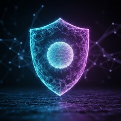 A glowing blue and pink shield icon representing data integrity and protection, a great visual for a whitepaper on privacy regulations or preventing identity theft online Trust