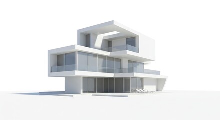 Modern white house with large windows and a flat roof design