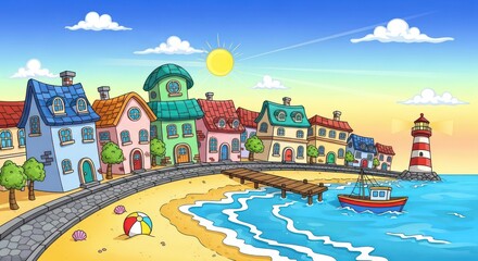 Colorful seaside town illustration with lighthouse, boat, beach, and bright sun