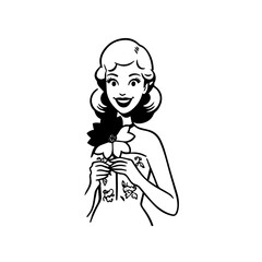 Black and white vector illustration of a beautiful woman holding a flower, minimal clean line art style