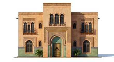 Ornate tan Moorish building with detailed archways balconies and tiled accents