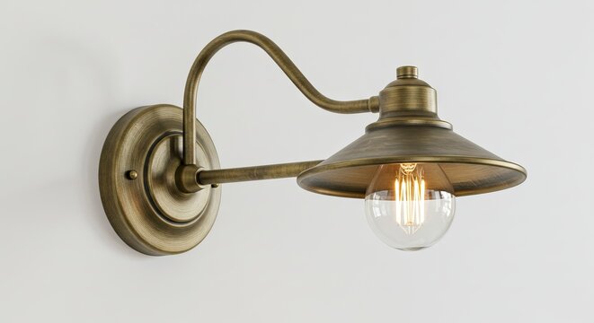 Wallmounted brass light fixture with a clear bulb against a white wall