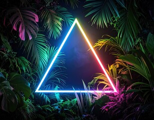 Triangular neon light amidst lush tropical foliage ferns, palm fronds, & other greenery in a dark, vibrant, & otherworldly setting