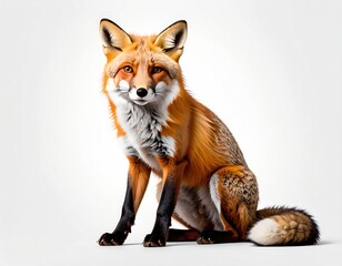Obraz premium Captivating red fox with a bushy tail and white chest, gracefully sits against a plain white background, gazing directly at the viewer