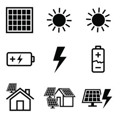 Collection of solar energy icons symbols battery sun house lightning bolt renewable power