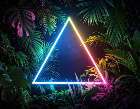Triangular neon light amidst lush tropical foliage ferns, palm fronds, & other greenery in a dark, vibrant, & otherworldly setting