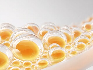 Close-up of translucent bubbles filled with a golden liquid, creating a visually striking and dynamic composition.