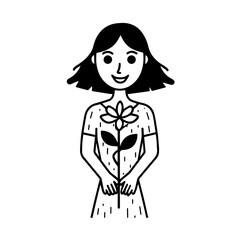 Black and white vector illustration of a beautiful woman holding a flower, minimal clean line art style