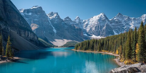 Fototapeta premium Majestic Mountain Landscape with Turquoise Lake and Snow-Capped Peaks in Bright Blue Sky