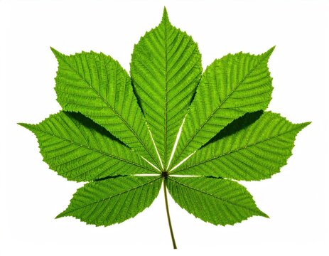 Bright green, palmately compound leaf with radiating leaflets and prominent veins, isolated on white background, showcasing intricate details