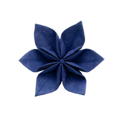 Elegant navy blue origami flower, artfully folded from fabric for a sophisticated table setting, isolated on a white background