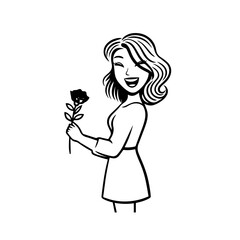 Black and white vector illustration of a beautiful woman holding a flower, minimal clean line art style