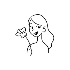 Black and white vector illustration of a beautiful woman holding a flower, minimal clean line art style