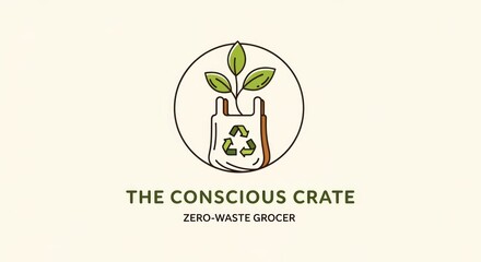 Zero-Waste Grocer Logo: Sprouts in a Bag with Recycling Symbol in a Circle