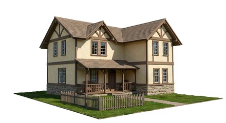 Twostory house with beige stucco brown trim shingled roof stone foundation  a small fenced yard on a grass surface