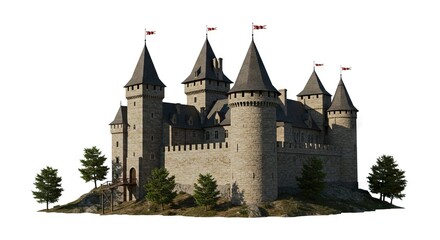 Fototapeta premium Stone castle with conical towers red flags and a raised wooden walkway on a small hill with trees