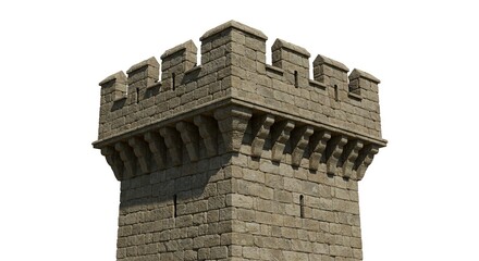 Stone castle turret with crenellations corbels and arrowslits against a white background