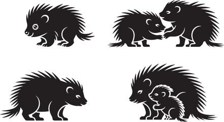 Porcupine Character Set: Cute Animal with Eyes, Couple, Mother and Baby on Transparent Background
