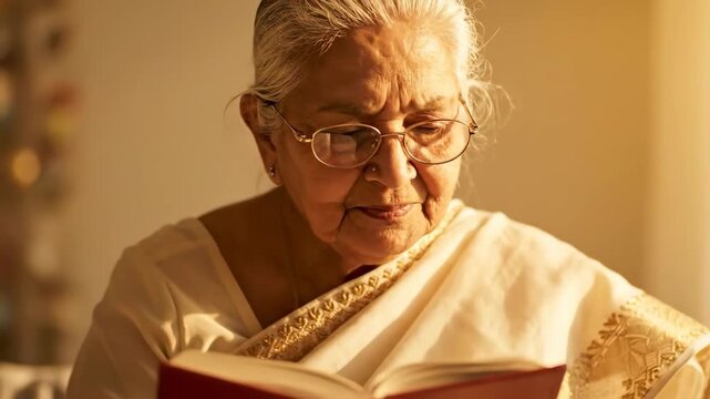 Indian grandmother engrossed in reading a cherished book exemplifying wisdom cultural heritage and family values in a serene home environment