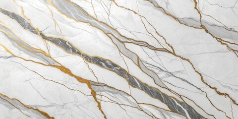 Luxurious white marble texture featuring dramatic diagonal veins in elegant shades of gold and grey, creating a sophisticated background.