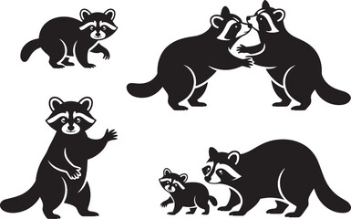 Raccoon Family Silhouette Set Mother Baby Adults Forest Animal Poses Vector