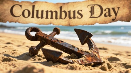 Discovering new horizons with a rusty anchor resting on a sandy beach, celebrating Columbus Day's spirit of exploration and adventure