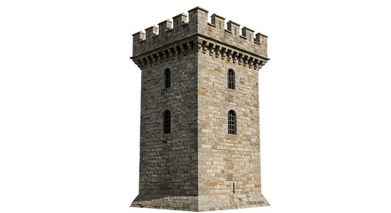 Stone tower with battlements small windows and fortified base stands against a white background