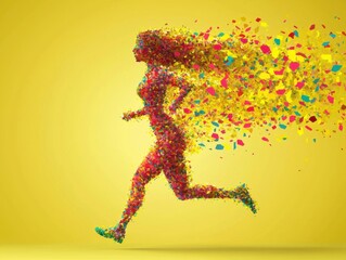 Fototapeta premium Woman running with colorful shapes emanating from her head in a polygonal art style illustration with copy space