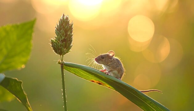 Tiny mouse on a blade of grass at sunset