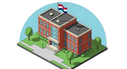 Isometric illustration of a school building with dutch flag flying, showcasing a clean and modern