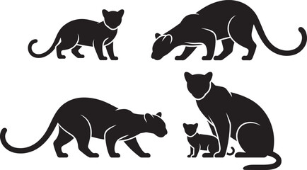 Set of wild panthers family. Adult panthers hunt. Cute panther calf. Sleek wild predators
