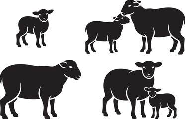 Sheep Family Silhouettes Isolated on Transparent Background Livestock Animals Vector