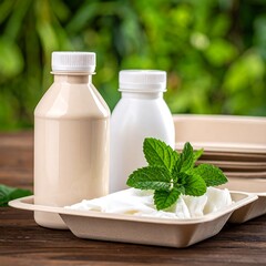 Beige and white plastic bottles on a wooden tray with fresh mint