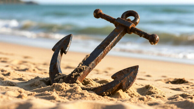 Weathered rusty anchor firmly planted in golden beach sand with gentle ocean waves in background, symbolizing stability and grounding.