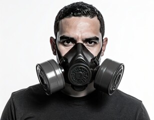 Intense gaze of a man in black t-shirt, wearing a black respirator mask against a stark white backdrop, creating high contrast