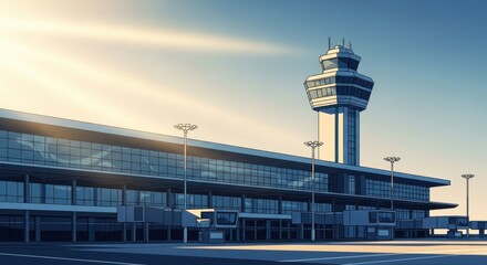 Naklejka premium Modern airport terminal with control tower at sunrise offering travel inspiration
