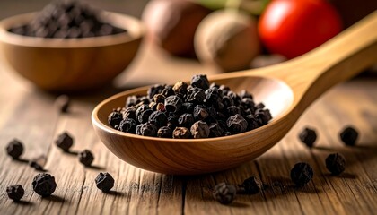 Black peppercorns in wooden spoon