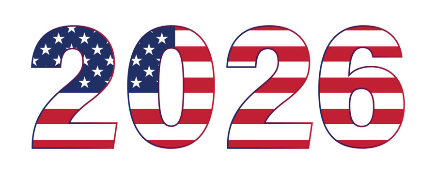 2026 number with USA flag color. American flag in 2026 shape for new year or patriotic event. Transparent vector and PNG