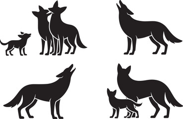 Wolf family silhouettes set isolated on transparent background, wildlife animal symbols