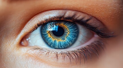 A close up of a human eye with blue iris and yellow limbal ring and visible eyelashes and skin detail