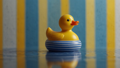 Playful Yellow Rubber Duck on Blue and White Striped Waves – Minimalist Whimsical Toy Design