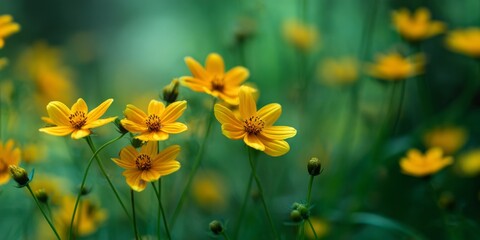 Obraz premium Bright Yellow Wildflowers Against a Gentle Green Background in Soft Natural Light