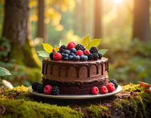 Decadent chocolate cake adorned with berries, rests in a sun-drenched forest, casting soft shadows on the mossy ground