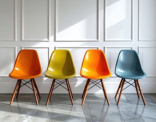 Four chairs, orange, yellow, orange, blue, stand against a white wainscoted wall, light from a window creating shadows. Glossy floor